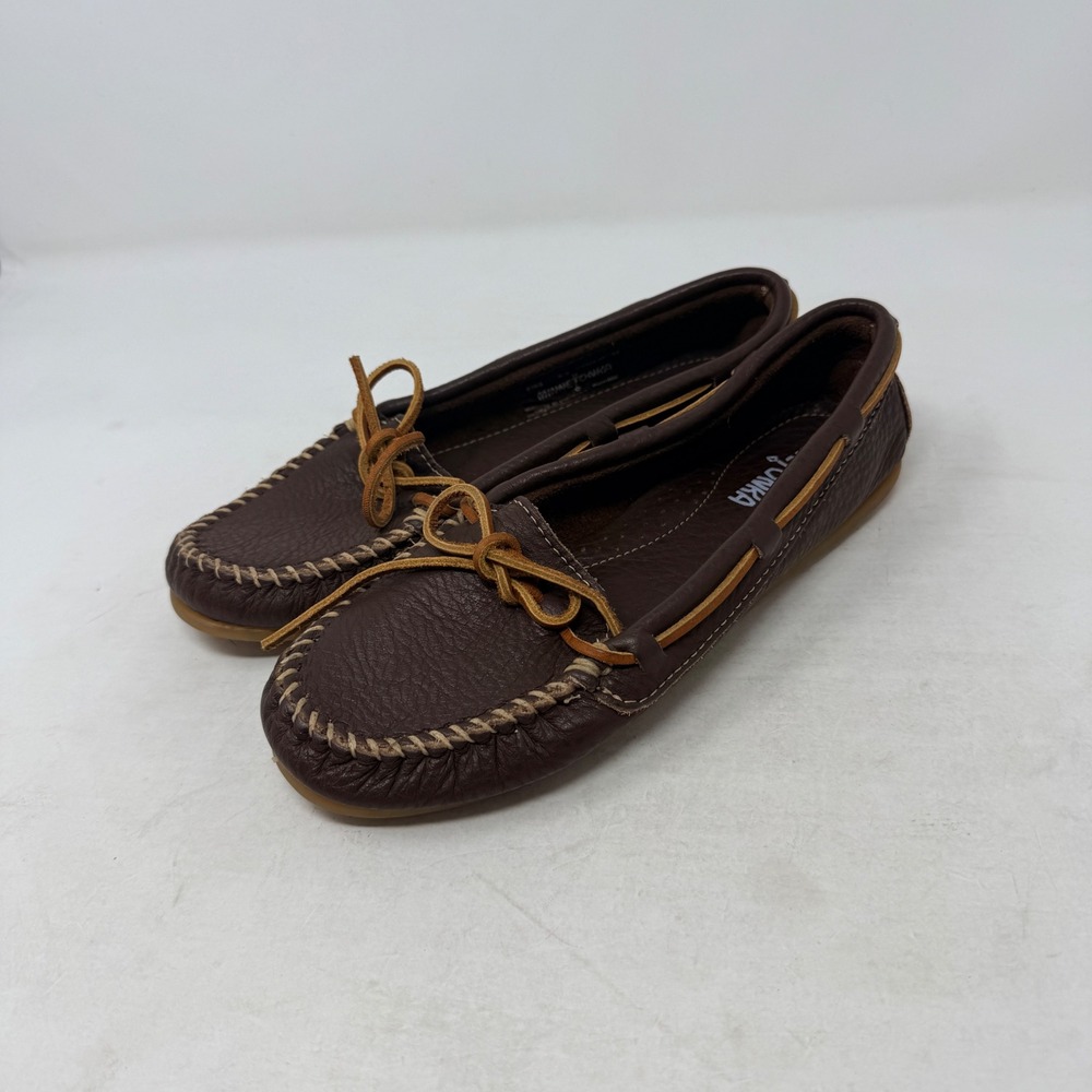 Minnetonka Boat Moc Chocolate Brown 6.5 Leather Moccasin Loafers Shoes Boho